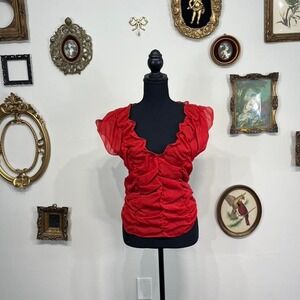 Vintage Y2K Red Ruched Sheer Ruffle Top